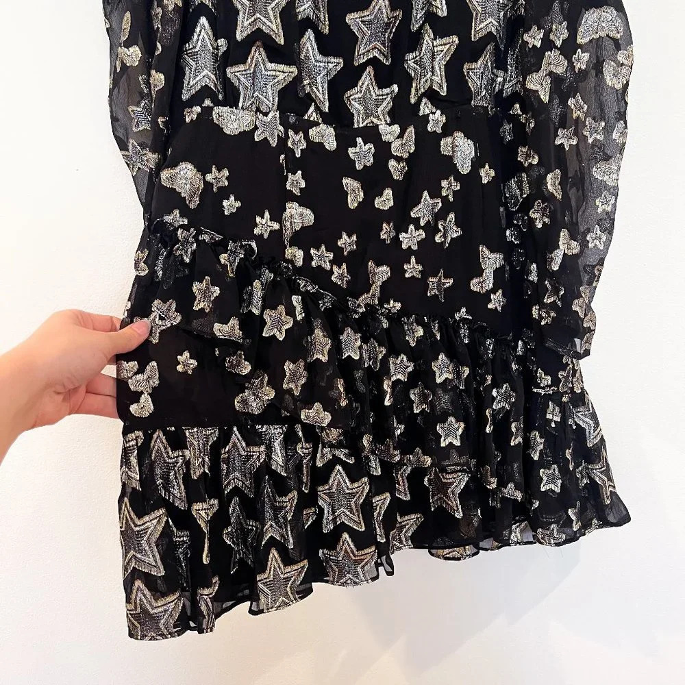 LoveShackFancy Silk Blend Black Gold Star Butterfly Preppy Metallic Mini Dress 6 - Picture 3 of 9